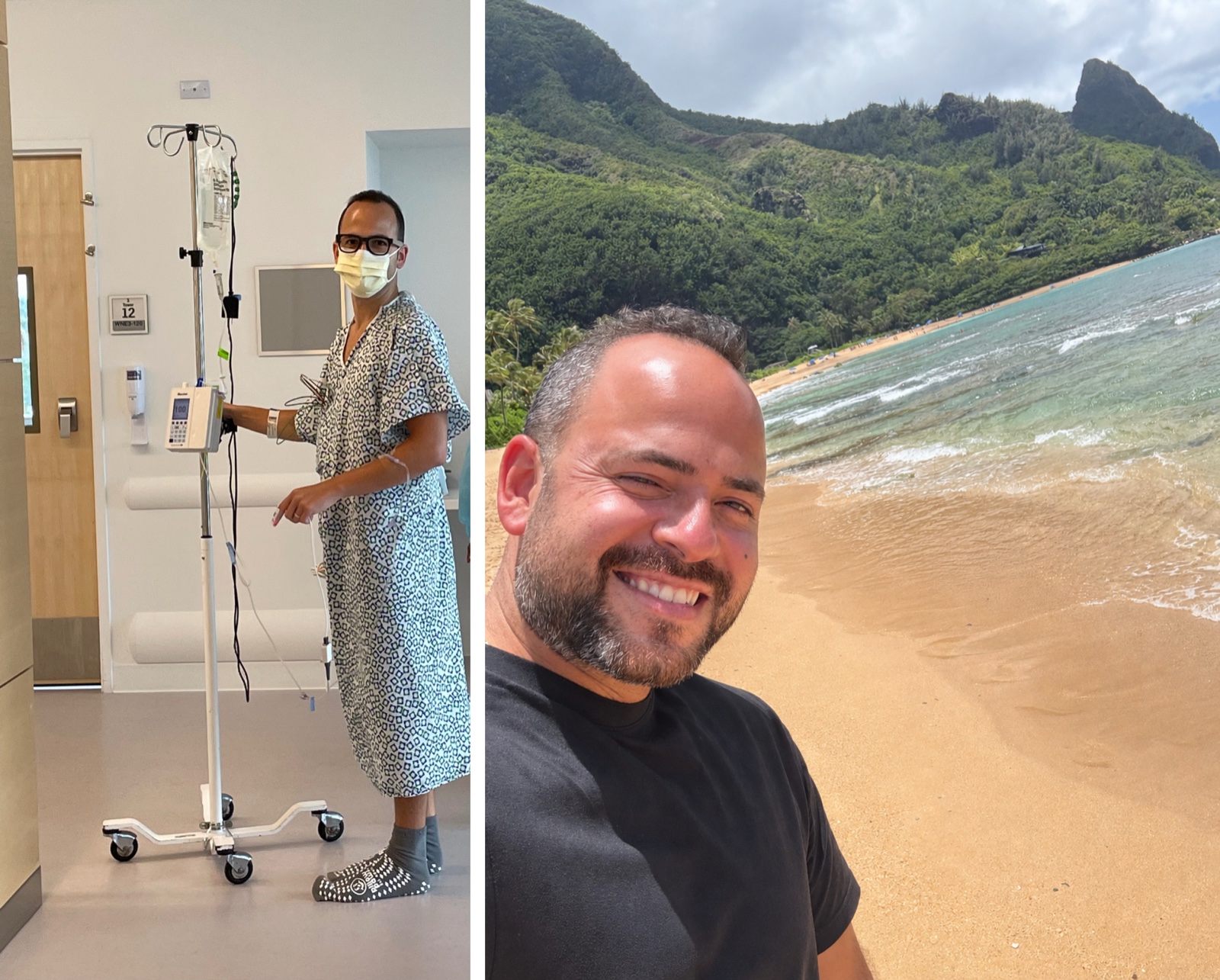 Before and after: Italo in a hospital gown, masked, holding an IV pole in a hospital room, next to a photo of Italo healthy on a Hawaiian beach, smiling, with mountains and ocean behind him
