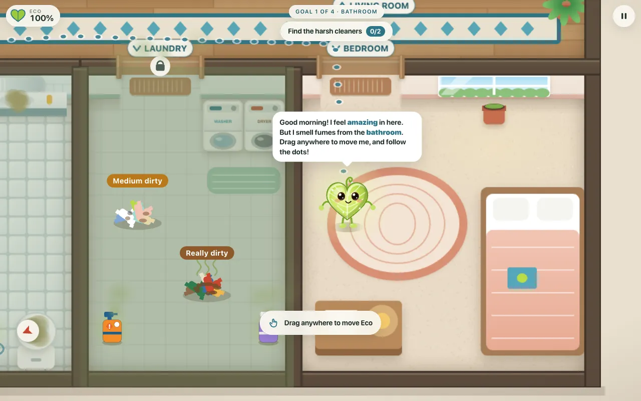 Eco's Home Rescue on a computer: Eco, a happy glowing leaf-heart, in the bedroom with the house map and a goal to find the harsh cleaners