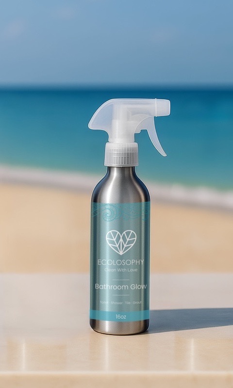 Bathroom Glow reusable spray bottle — 2–3 caps of Ecolosophy concentrate plus water