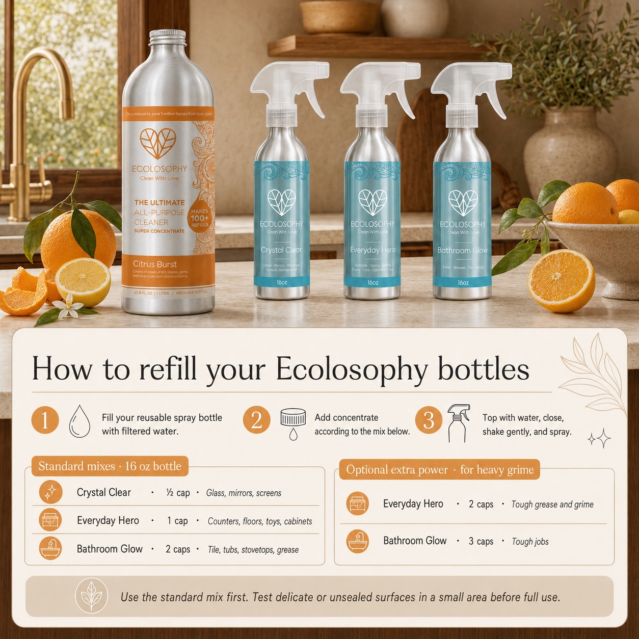 How to refill your Ecolosophy bottles with Citrus Burst: a three-step card showing cap measures and the dilution table for the three teal 16 oz aluminium sprayers.