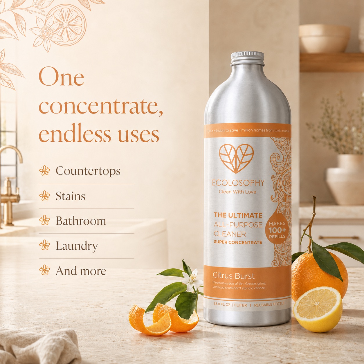 One Citrus Burst concentrate, endless uses — a room-by-room list covering kitchen, glass, floors, bathroom and laundry, next to the orange-and-copper banded 1 litre bottle.