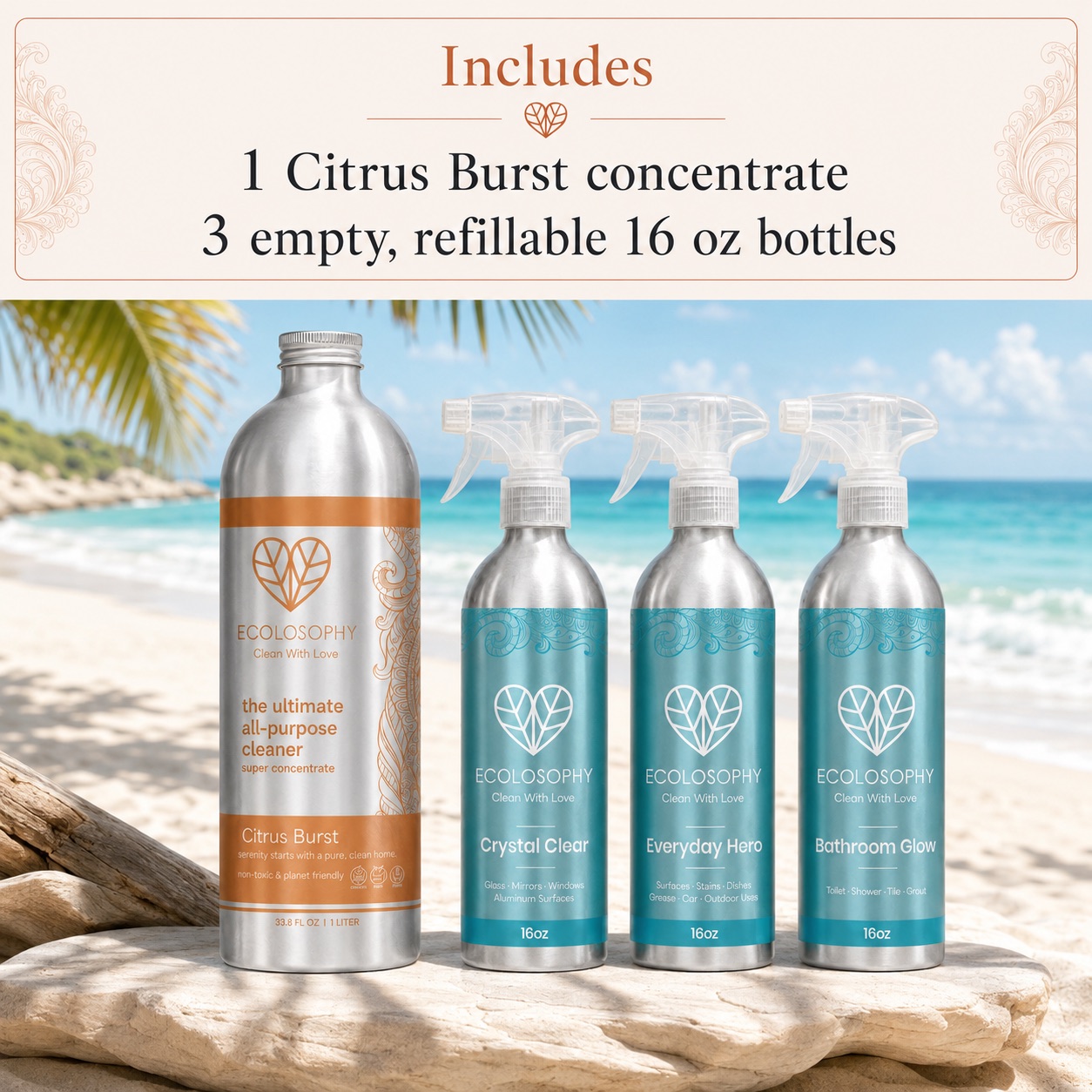 What the Citrus Burst kit includes, shown on a beach: one orange-and-copper banded 1 litre concentrate plus the three teal-labelled 16 oz aluminium sprayers.