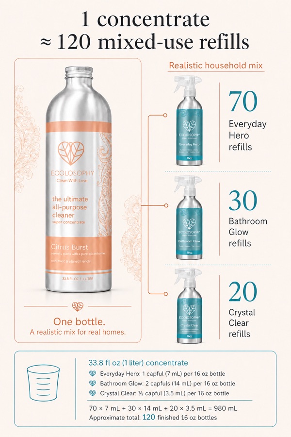 Diagram showing one 33.8 oz Ecolosophy Citrus Burst concentrate diluted into an estimated 120 sixteen-ounce refill bottles: 70 Everyday Hero (1 capful / 7 mL per bottle), 30 Bathroom Glow (2 capfuls / 14 mL per bottle), and 20 Crystal Clear (half capful / 3.5 mL per bottle).