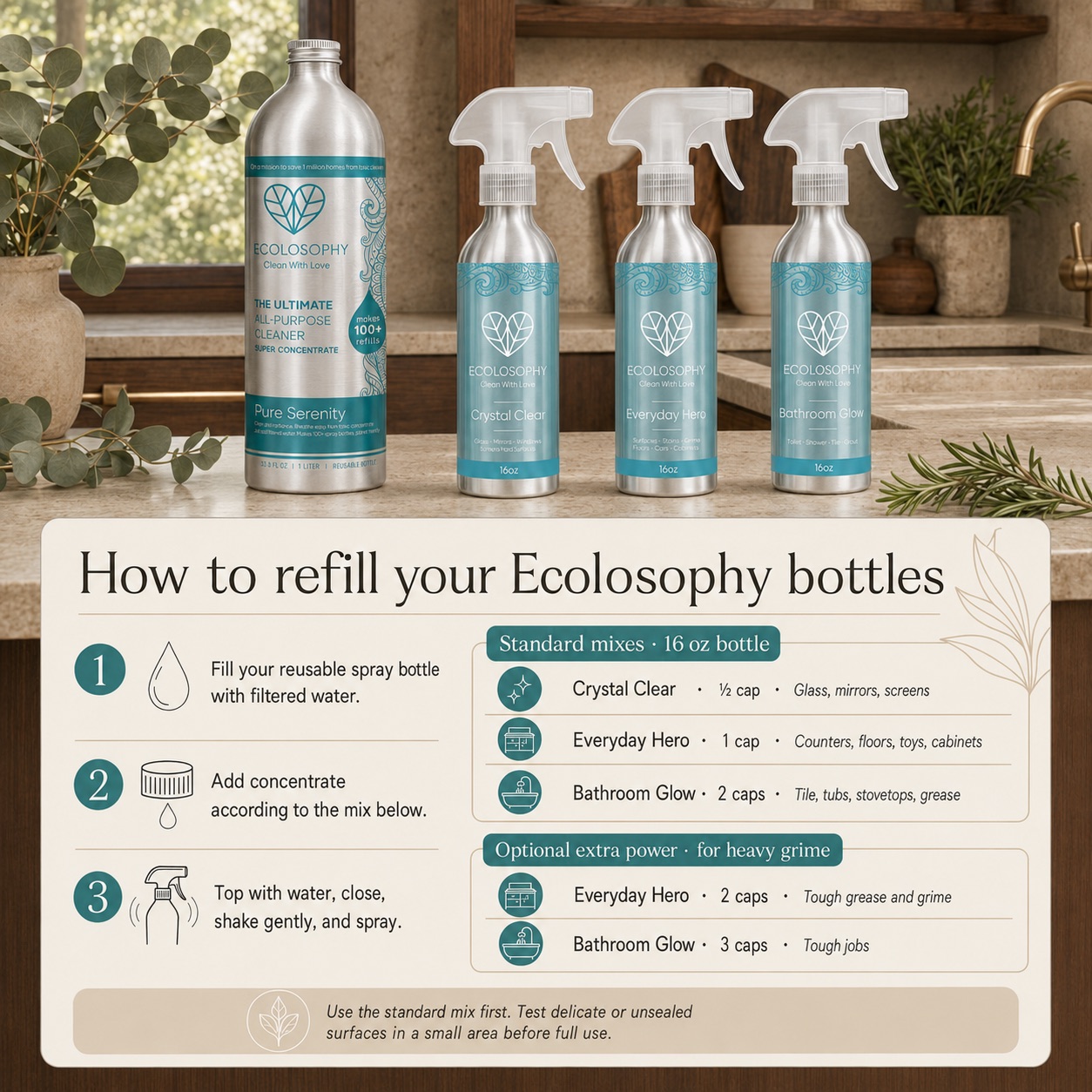 How to refill your Ecolosophy bottles with Pure Serenity: a three-step card showing cap measures and the dilution table for the three teal 16 oz aluminium sprayers.