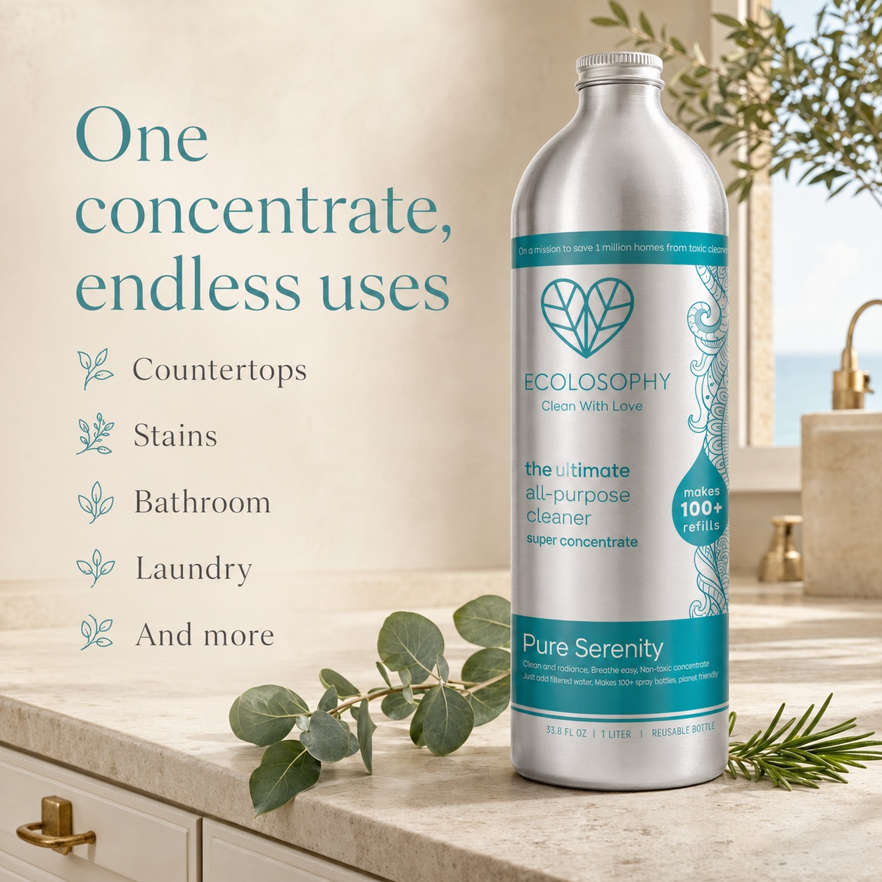 One Pure Serenity concentrate, endless uses — a room-by-room list covering kitchen, glass, floors, bathroom and laundry, next to the teal banded 1 litre bottle.