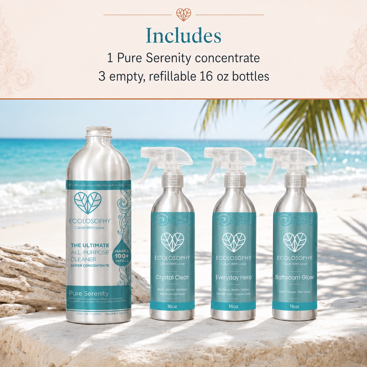 What the Pure Serenity kit includes, shown on a beach: one teal banded 1 litre concentrate plus the three teal-labelled 16 oz aluminium sprayers.