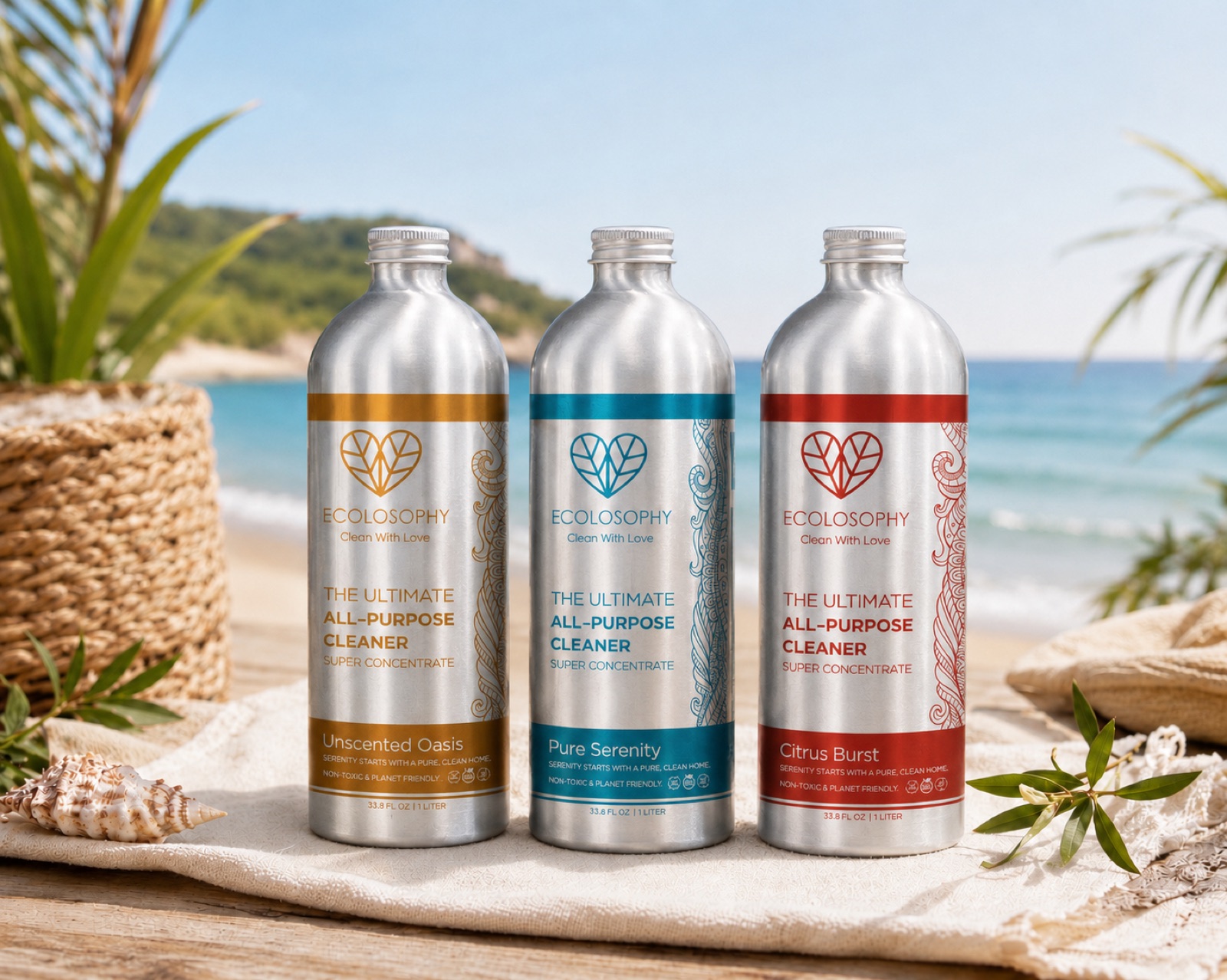 The Ecolosophy three-scent concentrate trio, illustrating what a genuinely non-toxic cleaner lineup looks like