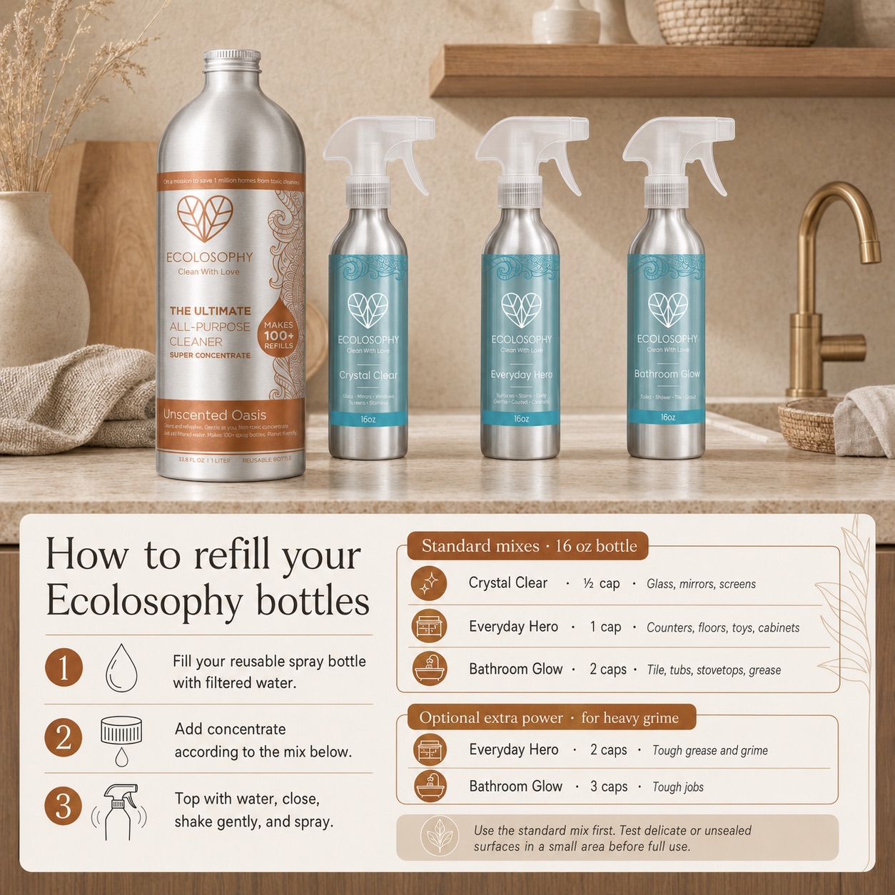 How to refill your Ecolosophy bottles with Unscented Oasis: a three-step card showing cap measures and the dilution table for the three teal 16 oz aluminium sprayers.