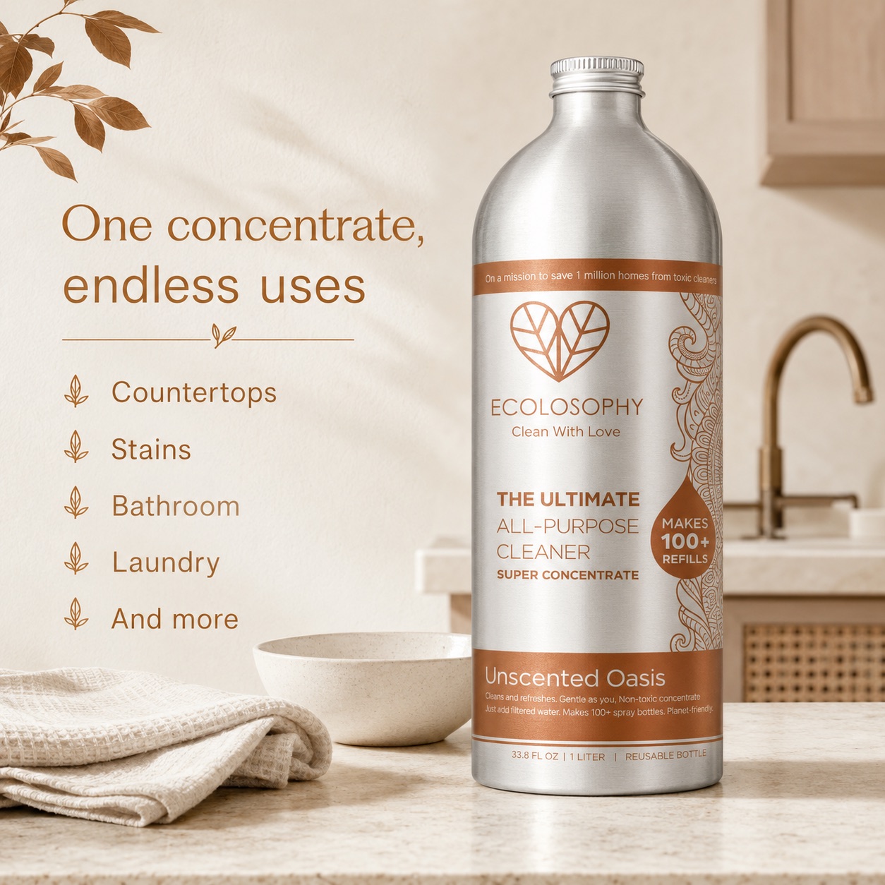 One Unscented Oasis concentrate, endless uses — a room-by-room list covering kitchen, glass, floors, bathroom and laundry, next to the copper banded 1 litre bottle.