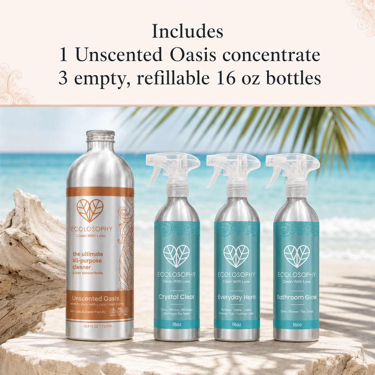 What the Unscented Oasis kit includes, shown on a beach: one copper banded 1 litre concentrate plus the three teal-labelled 16 oz aluminium sprayers.